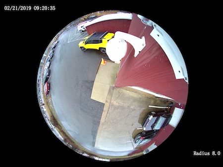 fisheye view of the radius 360 degree panoramic camera mounted on a corner wall mount